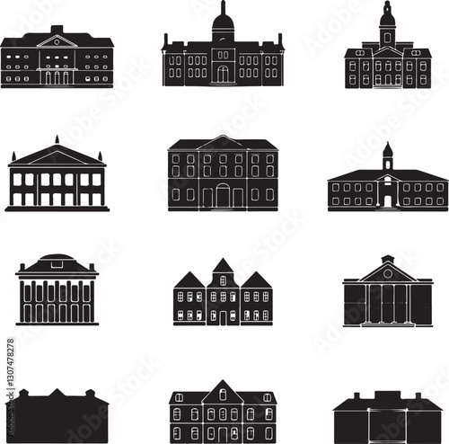 Set of classic historical building silhouettes in black vector style, featuring government, university, courthouse, and architecture icons