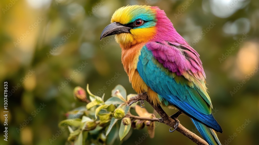 Fototapeta premium Vibrant bird perched on branch with soft green bokeh. Wildlife nature photography