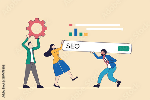 SEO, search engine optimization to help website reach top ranking in search result page, promote website or communication concept, businessman people help optimize website URL to 1st rank search bar.