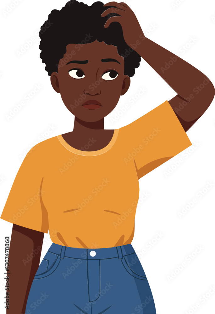 Fototapeta premium A young woman with curly hair wearing an orange shirt and blue jeans, displaying a thoughtful expression in a minimal vector illustration