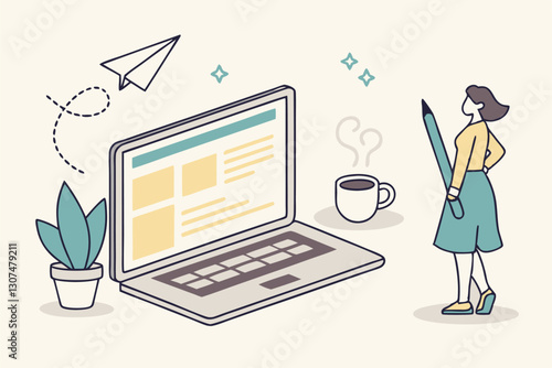 Content writer, blogger or bullet journal, publishing editor or writing article online, copywriter for advertising, freelance journalist concept, creative woman holding pencil with content on website.
