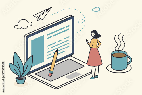 Content writer, blogger or bullet journal, publishing editor or writing article online, copywriter for advertising, freelance journalist concept, creative woman holding pencil with content on website.