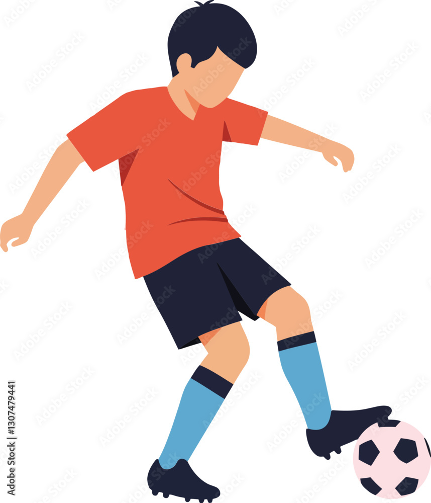 A young male soccer player in a red shirt and blue shorts skillfully dribbling a black and white soccer ball in a minimal vector illustration A young male soccer player in a red shirt and blue shorts skillfully dribbling a black and white soccer ball in a minimal vector illustration