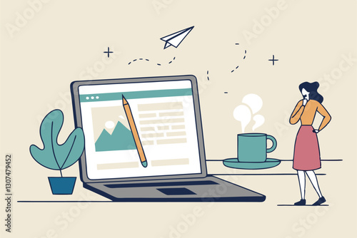 Content writer, blogger or bullet journal, publishing editor or writing article online, copywriter for advertising, freelance journalist concept, creative woman holding pencil with content on website.