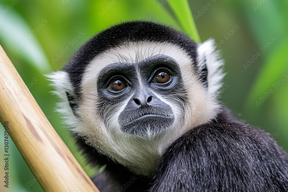 Fototapeta premium A majestic white-handed gibbon standing on its hind legs, calling out into the jungle