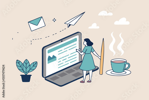 Content writer, blogger or bullet journal, publishing editor or writing article online, copywriter for advertising, freelance journalist concept, creative woman holding pencil with content on website.