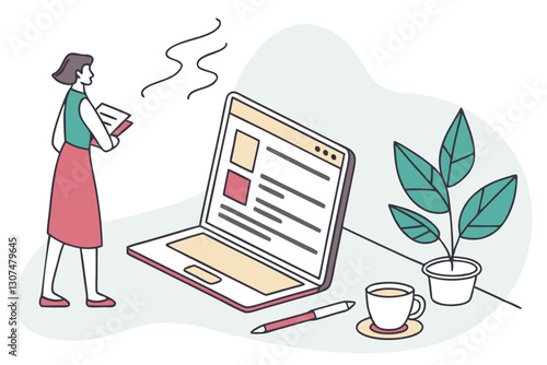 Content writer, blogger or bullet journal, publishing editor or writing article online, copywriter for advertising, freelance journalist concept, creative woman holding pencil with content on website.