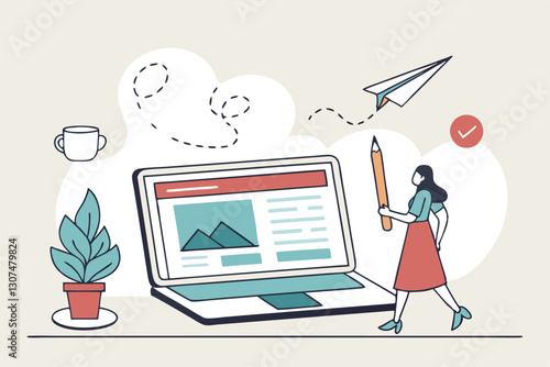 Content writer, blogger or bullet journal, publishing editor or writing article online, copywriter for advertising, freelance journalist concept, creative woman holding pencil with content on website.