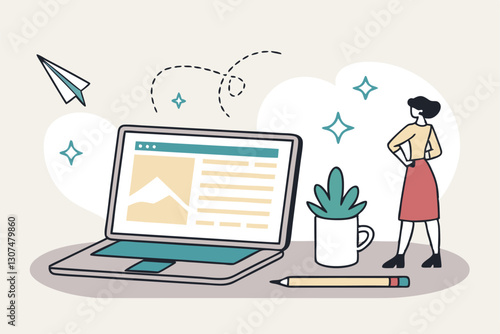 Content writer, blogger or bullet journal, publishing editor or writing article online, copywriter for advertising, freelance journalist concept, creative woman holding pencil with content on website.