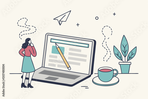 Content writer, blogger or bullet journal, publishing editor or writing article online, copywriter for advertising, freelance journalist concept, creative woman holding pencil with content on website.