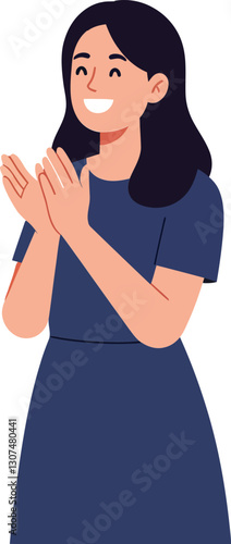 Celebratory woman with dark hair clapping in a blue dress, showcasing joy and enthusiasm in a flat vector illustration