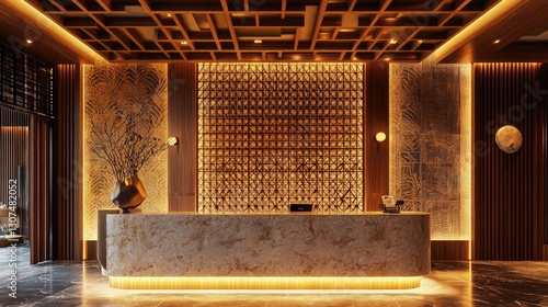A hotel check-out area featuring a marble counter, a decorative sculpture, and a backdrop of illuminated wall panels.