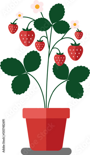 Strawberry plant in a vibrant red pot showcasing flat design, with lush green leaves and ripe red berries, depicted in minimal vector art