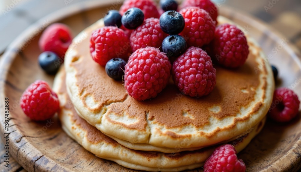 A delightful combination of fresh raspberries, strawberries, and blueberries on a fluffy, homemade pancake, served on a rustic wooden plate. A delightful combination of fresh raspberries, strawberries, and blueberries on a fluffy, homemade pancake, served on a rustic wooden plate.