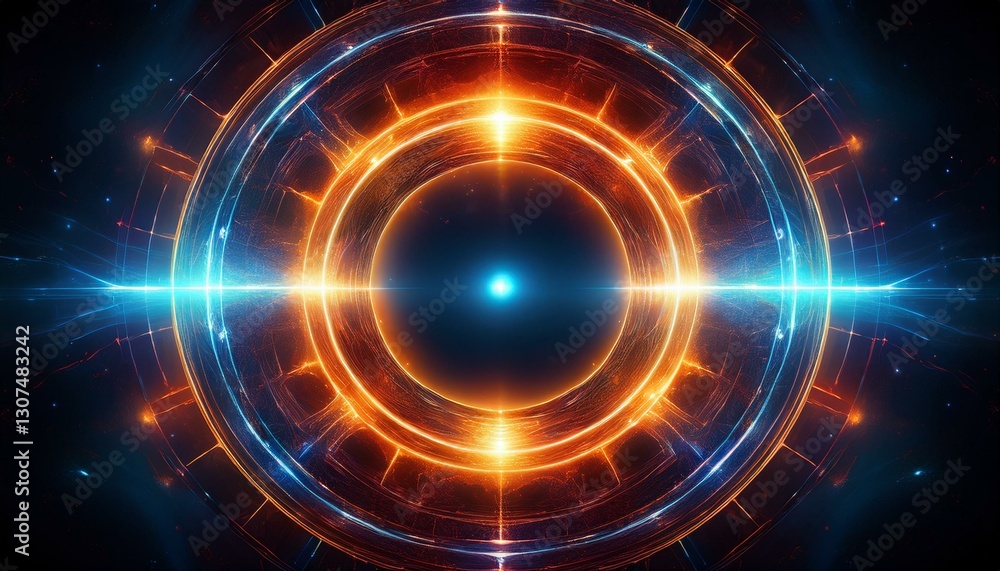 a vibrant glowing ring of orange and blue energy radiates light creating a cosmic abstract design the central light source shines brightly within the ring a vibrant glowing ring of orange and blue energy radiates light creating a cosmic abstract design the central light source shines brightly within the ring
