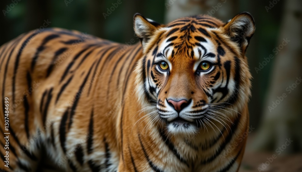 The majestic Bengal tiger stands proudly, its bright amber eyes fixated on its prey in the tranquil wilderness, showcasing its untamed beauty in its natural habitat. The majestic Bengal tiger stands proudly, its bright amber eyes fixated on its prey in the tranquil wilderness, showcasing its untamed beauty in its natural habitat.