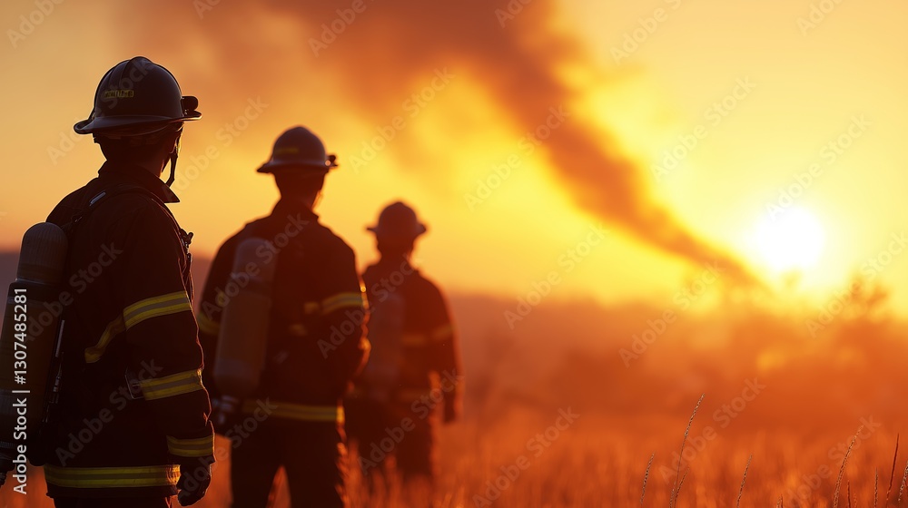 Fototapeta premium Firefighters survey the landscape during sunset as smoke rises from a distant blaze