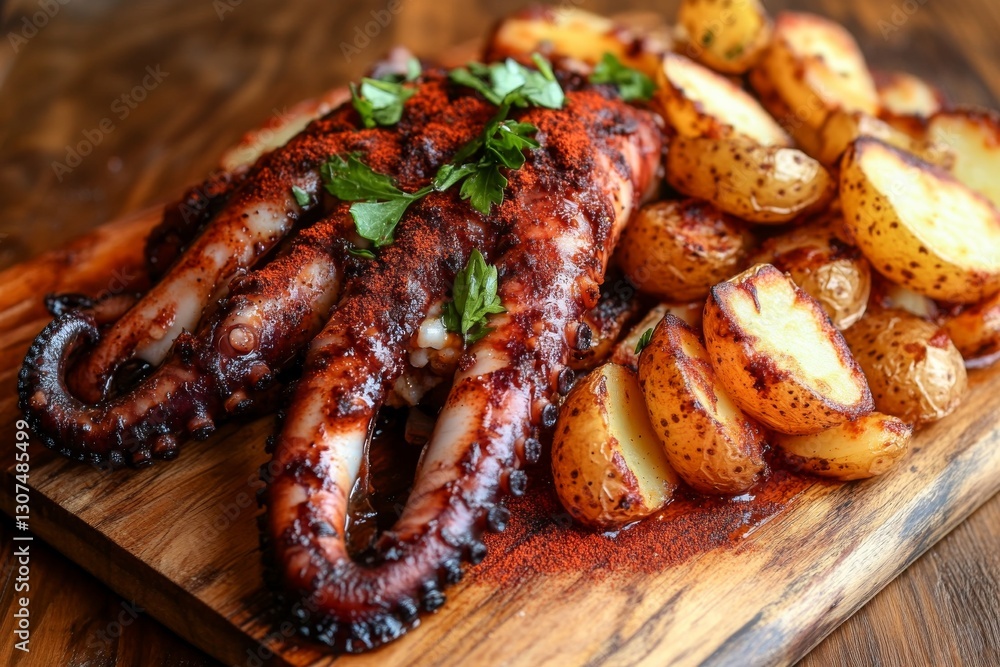 Grilled octopus with roasted potatoes and herbs on wooden board Grilled octopus with roasted potatoes and herbs on wooden board