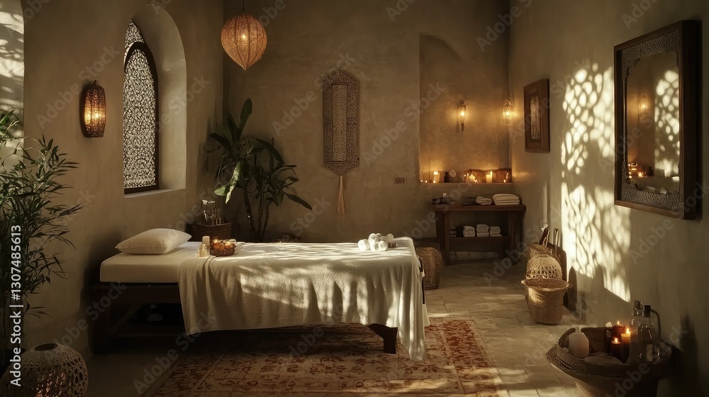 Fototapeta premium A serene hotel spa room featuring a massage table adorned with fresh white linens, soft ambient lighting, and aromatic candles creating a tranquil atmosphere.