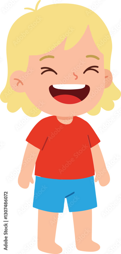 Happy young child with blonde hair wearing red shirt and blue shorts in a playful stance, cheerful expression, flat vector illustration Happy young child with blonde hair wearing red shirt and blue shorts in a playful stance, cheerful expression, flat vector illustration