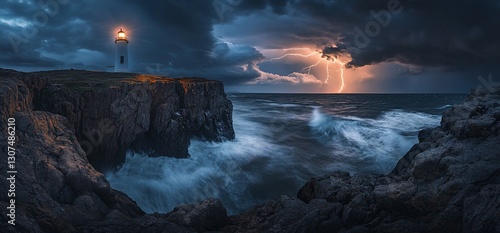 Dramatic coastal lighthouse scene with lightning storm. photo