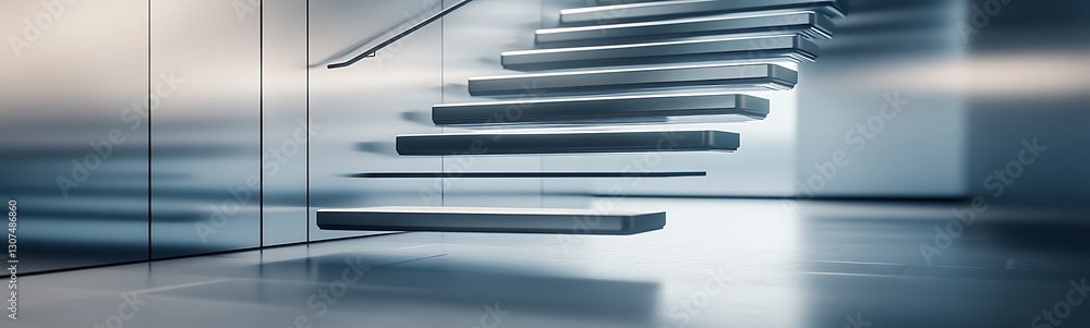 Fototapeta premium Close-up of a futuristic metal staircase showcasing modern architectural design and sleek aesthetics.