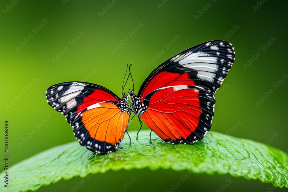 Fototapeta premium A pair of butterflies mating on a bright green leaf, wings gently touching