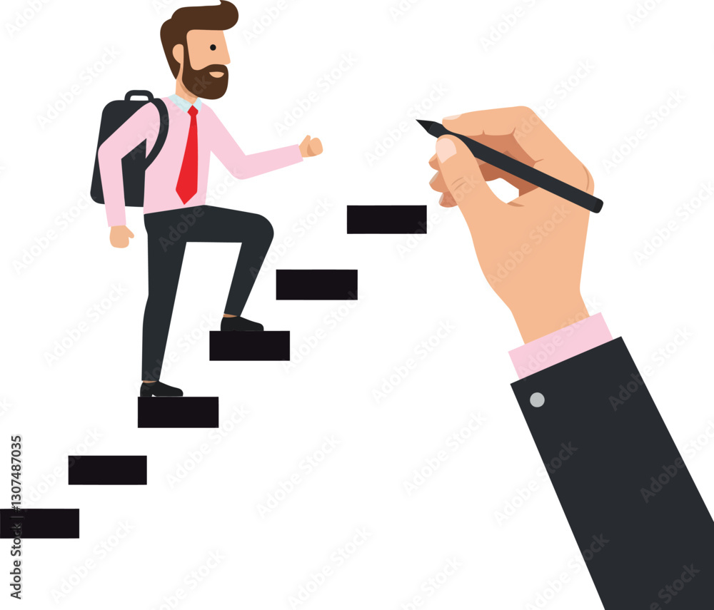 A businessman climbing abstract stairs with a hand sketching the scene in a minimal flat design vector illustration showcasing ambition and creativity in a professional setting A businessman climbing abstract stairs with a hand sketching the scene in a minimal flat design vector illustration showcasing ambition and creativity in a professional setting