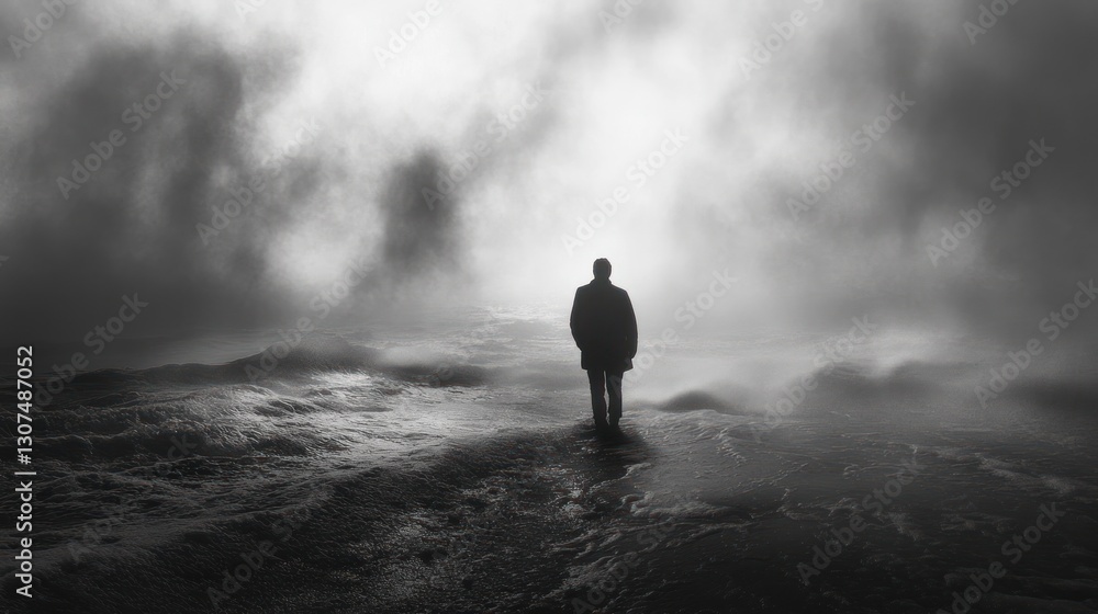 Alone figure on misty mountaintop, contemplating vast landscape Alone figure on misty mountaintop, contemplating vast landscape