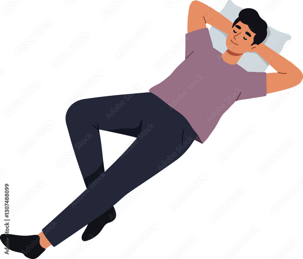 Relaxed young man lying on his back with hands behind his head in a flat style vector illustration Relaxed young man lying on his back with hands behind his head in a flat style vector illustration