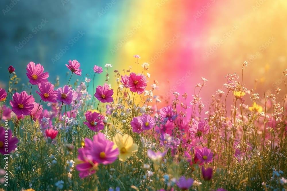 Naklejka premium A meadow bathed in radiant embrace of a resplendent rainbow
