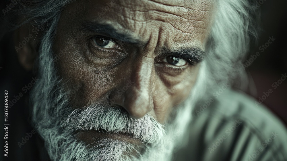 Close-up portrait of pensive senior man with intense gaze in dimly lit room Close-up portrait of pensive senior man with intense gaze in dimly lit room