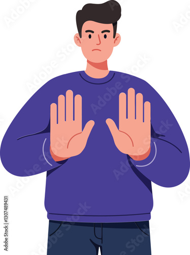 Young man with a serious expression holding his hands up in a stop gesture, flat vector illustration depicting assertiveness and clear communication