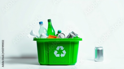 green recycling bin with carefully placed recyclable items plastic bottles, paper, aluminum cans