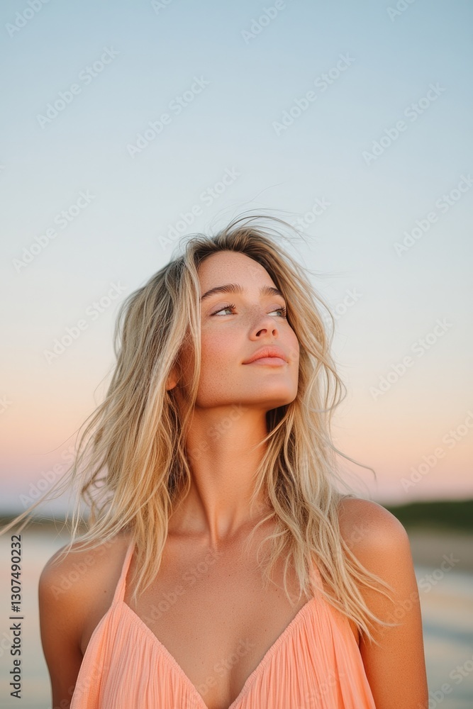model in breezy summer dress stands gracefully by shoreline radiant sunset hues painting sky model in breezy summer dress stands gracefully by shoreline radiant sunset hues painting sky