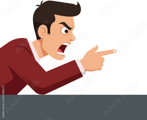 A frustrated businessman in a red suit angrily points while shouting at a desk in a minimal flat vector illustration