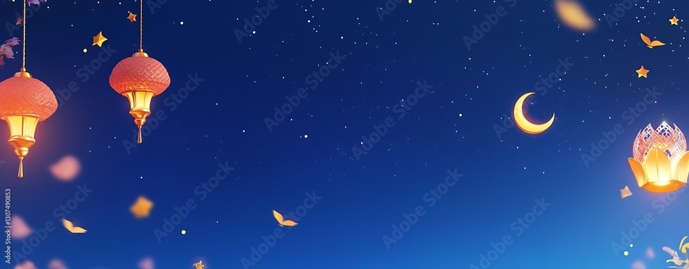 Naklejka premium Ornamental Arabic lantern with crescent moon - Ramadan Kareem