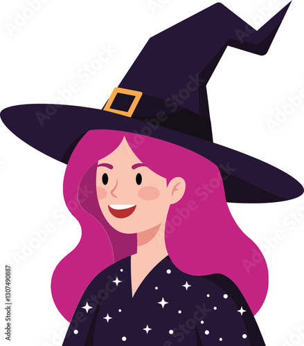 Cheerful young witch with vibrant pink hair in a pointed black hat and starry dress, featuring a flat design style, vector illustration