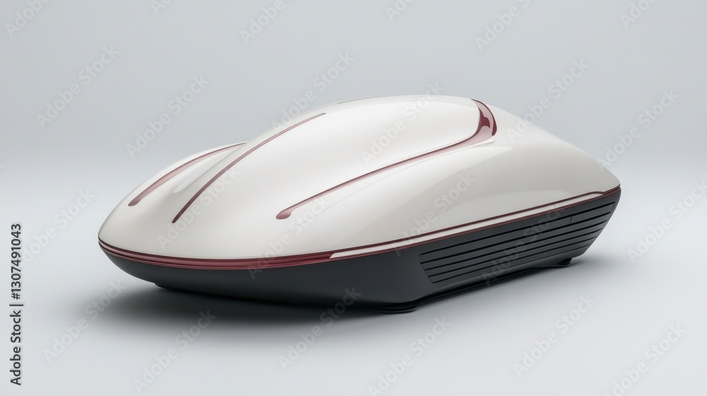 Sleek, futuristic design of a white and dark gray device with maroon accents, isolated on a light gray background. The object is smooth and curved with subtle geometric details. Sleek, futuristic design of a white and dark gray device with maroon accents, isolated on a light gray background. The object is smooth and curved with subtle geometric details.
