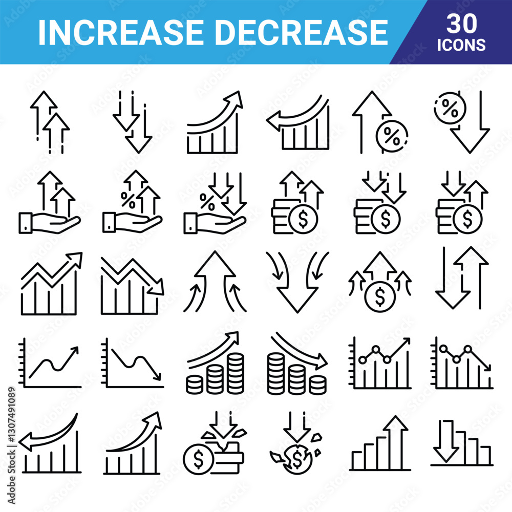 Fototapeta premium Increase Decrease icons that are suitable for any project. And change your next projects with minimalist icon design, perfect for websites, mobile apps, books, social media, infographics, flyers.