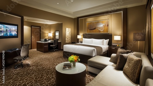 A luxury hotel suite with a home theater system, plush seating, and soundproof walls for an immersive entertainment experience.