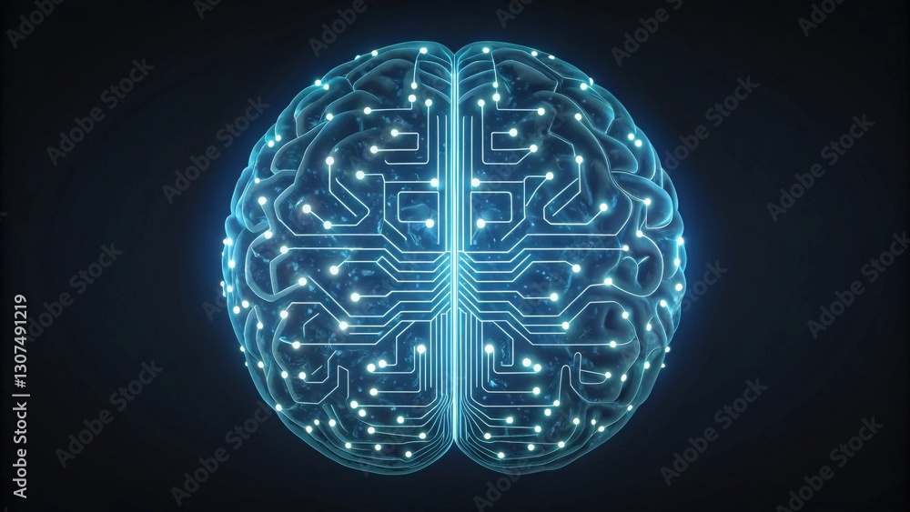 a digital representation of a glowing brain, showcasing complex circuitry and a futuristic aesthetic a digital representation of a glowing brain, showcasing complex circuitry and a futuristic aesthetic