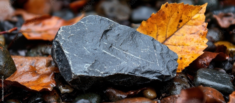 Dark grey stone resting on wet autumn leaves and pebbles. Dark grey stone resting on wet autumn leaves and pebbles.
