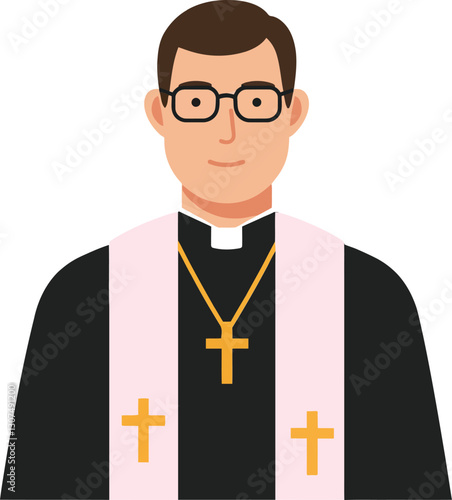 A man in a black clerical shirt with glasses and a pink stole, showcasing a detailed flat vector illustration of a religious figure