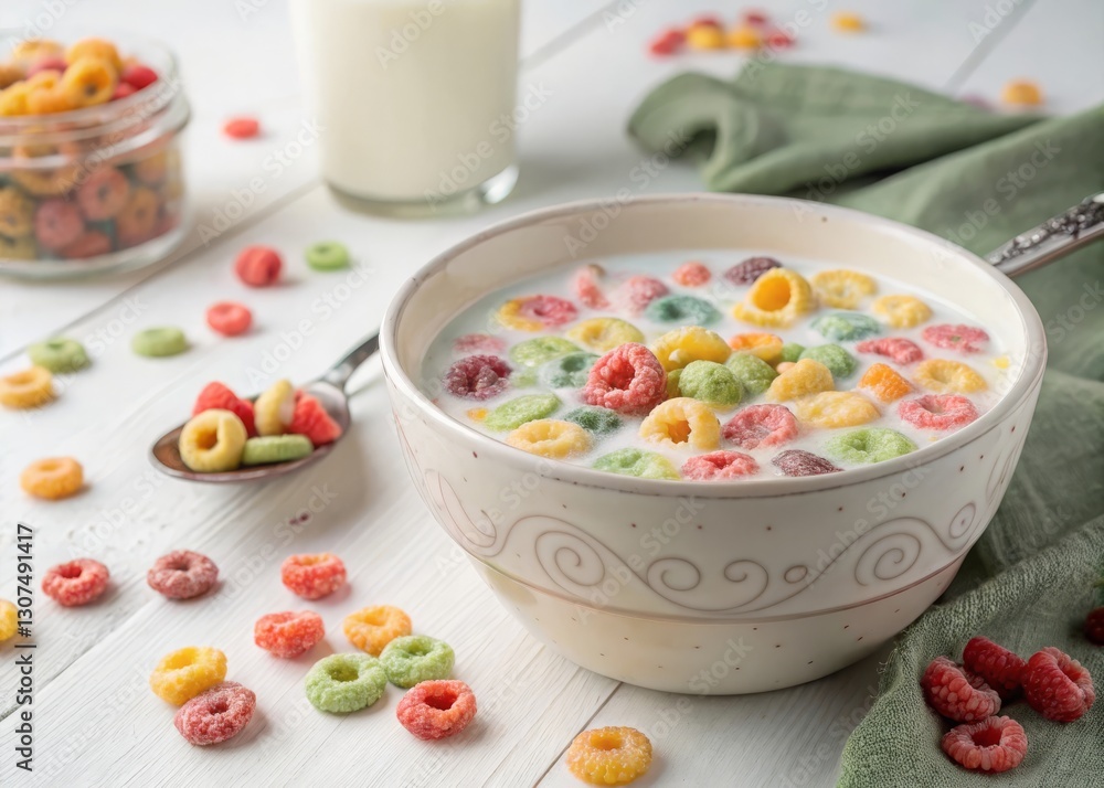Enjoying colorful cereal breakfast kitchen table food photography bright lighting close-up view cheerful morning Enjoying colorful cereal breakfast kitchen table food photography bright lighting close-up view cheerful morning