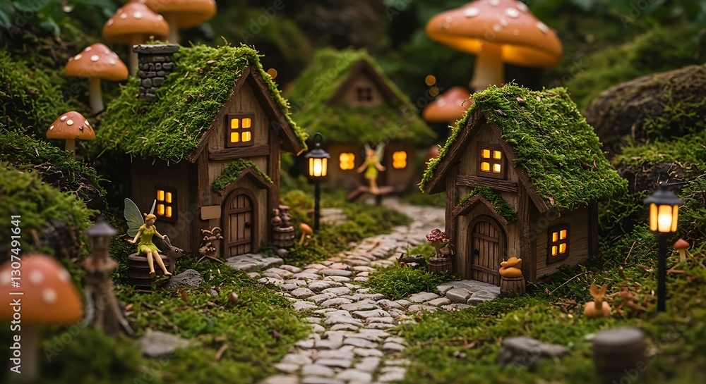 Fototapeta premium A miniature fantasy village with moss-covered cottages, glowing lanterns, and oversized mushrooms, creating a magical fairy-tale scene.