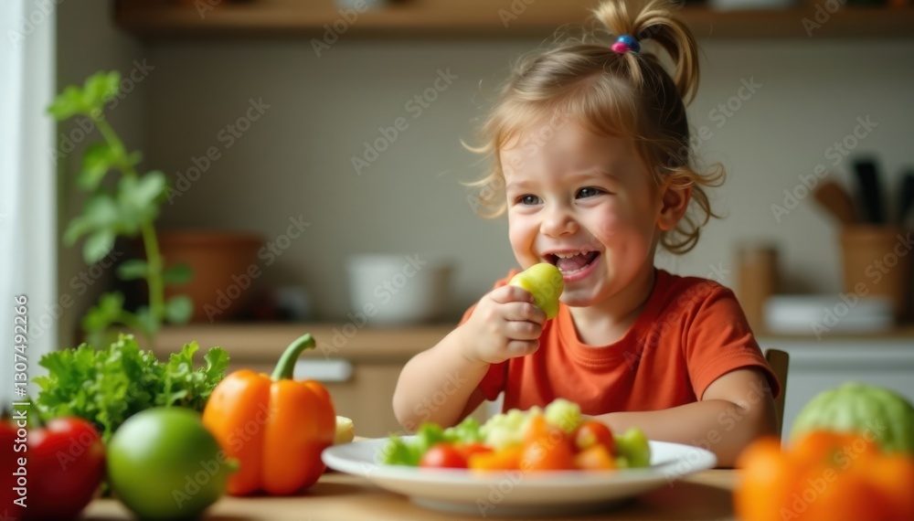 Child happily eating colorful vegetables at home , delicious, education Child happily eating colorful vegetables at home , delicious, education