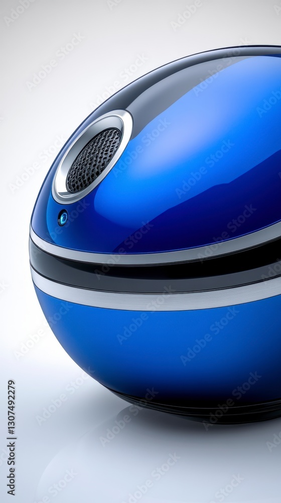Fototapeta premium Close up of a glossy blue sphere with black and silver accents, showing a speaker grill. Studio lighting creates reflections on the smooth surface.