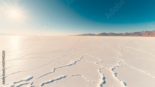 Vast white salt desert landscape with cracked earth under bright sun and blue sky.  