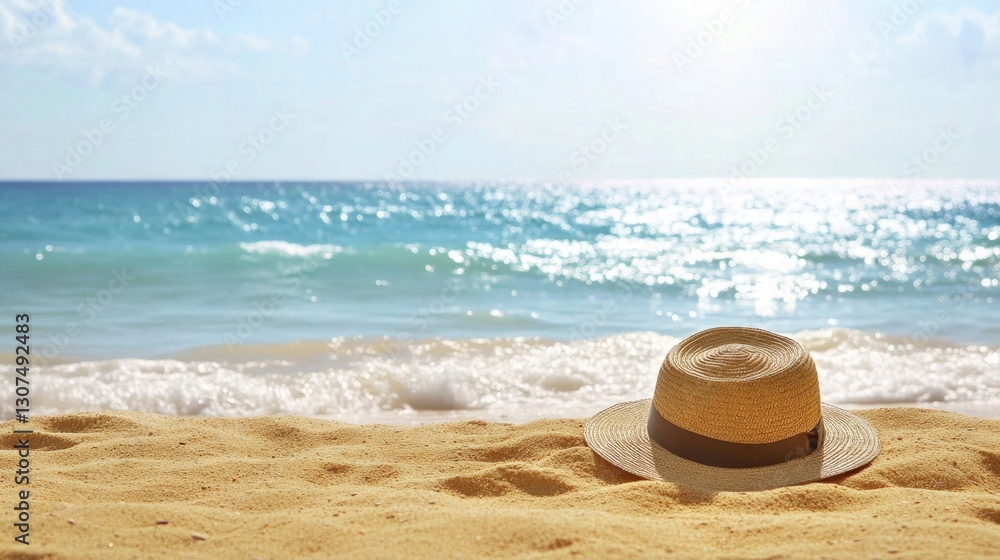 serene beach scene with gentle waves and soft sunlight featuring lone straw hat resting on golden sand as central focus